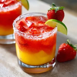 Delicious Strawberry Mango Margarita garnished with fresh strawberries and mango slices