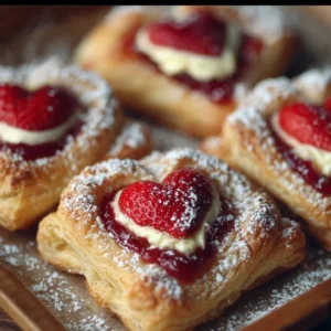 Freshly baked Strawberry Puff Pastry Danishes topped with powdered sugar
