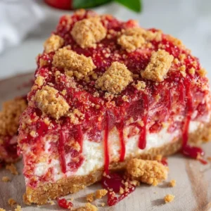 Delicious strawberry shortcake cheesecake topped with fresh strawberries and whipped cream.