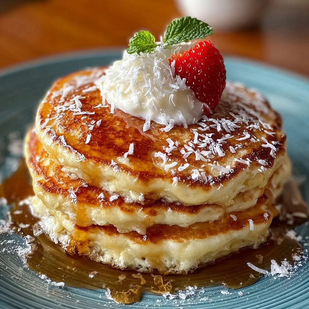 Plate of fluffy sweet coconut cream pancakes topped with shredded coconut and syrup