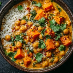 Bowl of Sweet Potato and Chickpea Curry with spices and garnishes