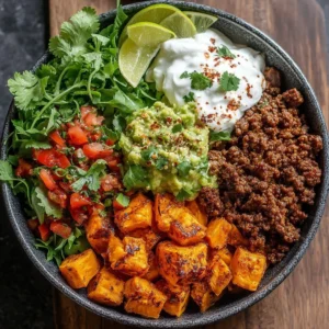Delicious sweet potato taco bowl topped with fresh ingredients