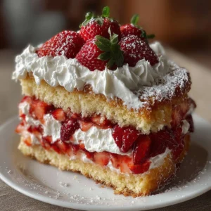 Delicious strawberry shortcake cake topped with fresh strawberries and whipped cream