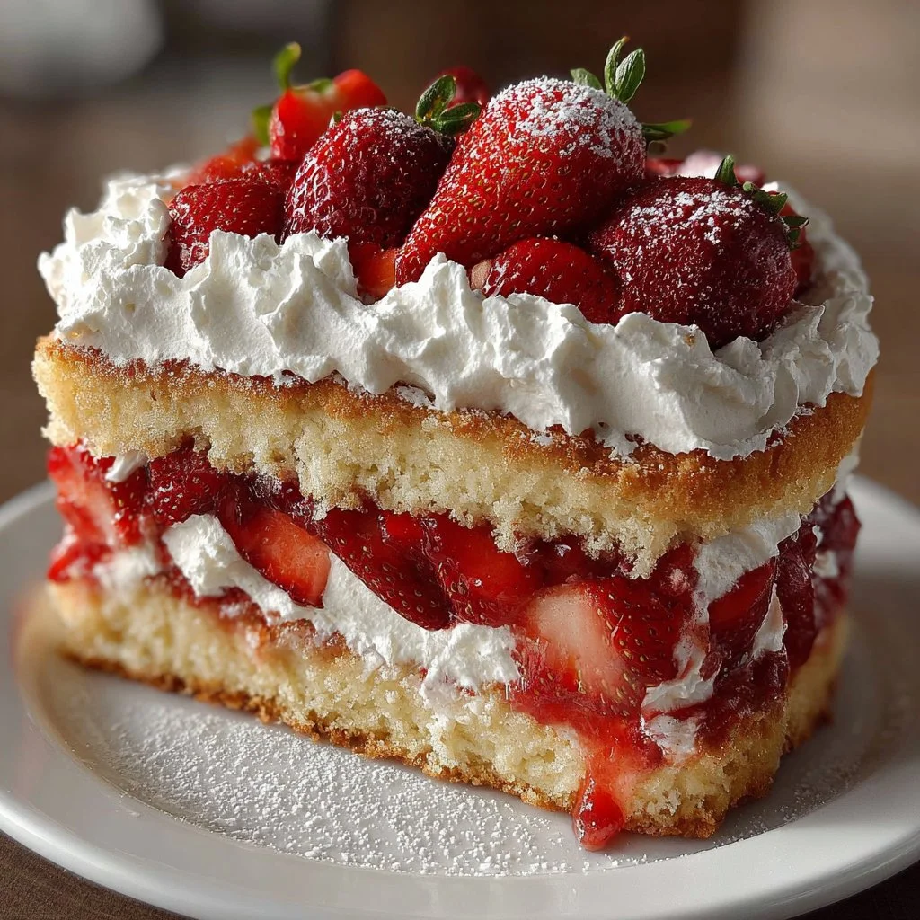 Delicious homemade strawberry shortcake cake topped with fresh strawberries.