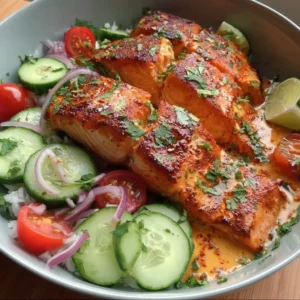 Air Fryer Bang Bang Salmon served with a fresh cucumber salad