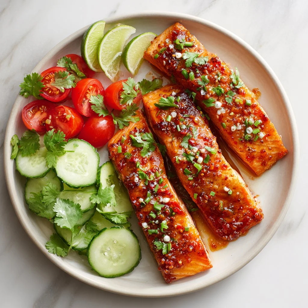Air Fryer Bang Bang Salmon with Cucumber Salad