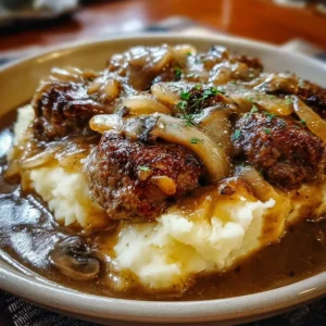 Amish Hamburger Steak Bake topped with rich gravy and served with mashed potatoes.