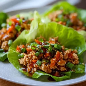 Plate of Asian Turkey Lettuce Wraps garnished with sesame seeds and green onions.