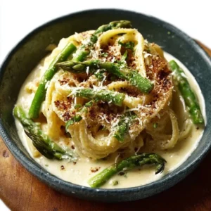 Delicious Asparagus Cream Pasta with lemon zest and fresh asparagus.