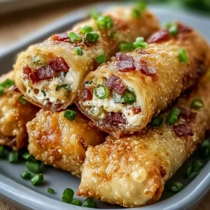 Delicious Bacon Jalapeño Popper Eggrolls served on a plate.