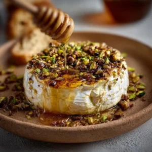 Baked brie topped with honey and pistachios on a rustic wooden board.