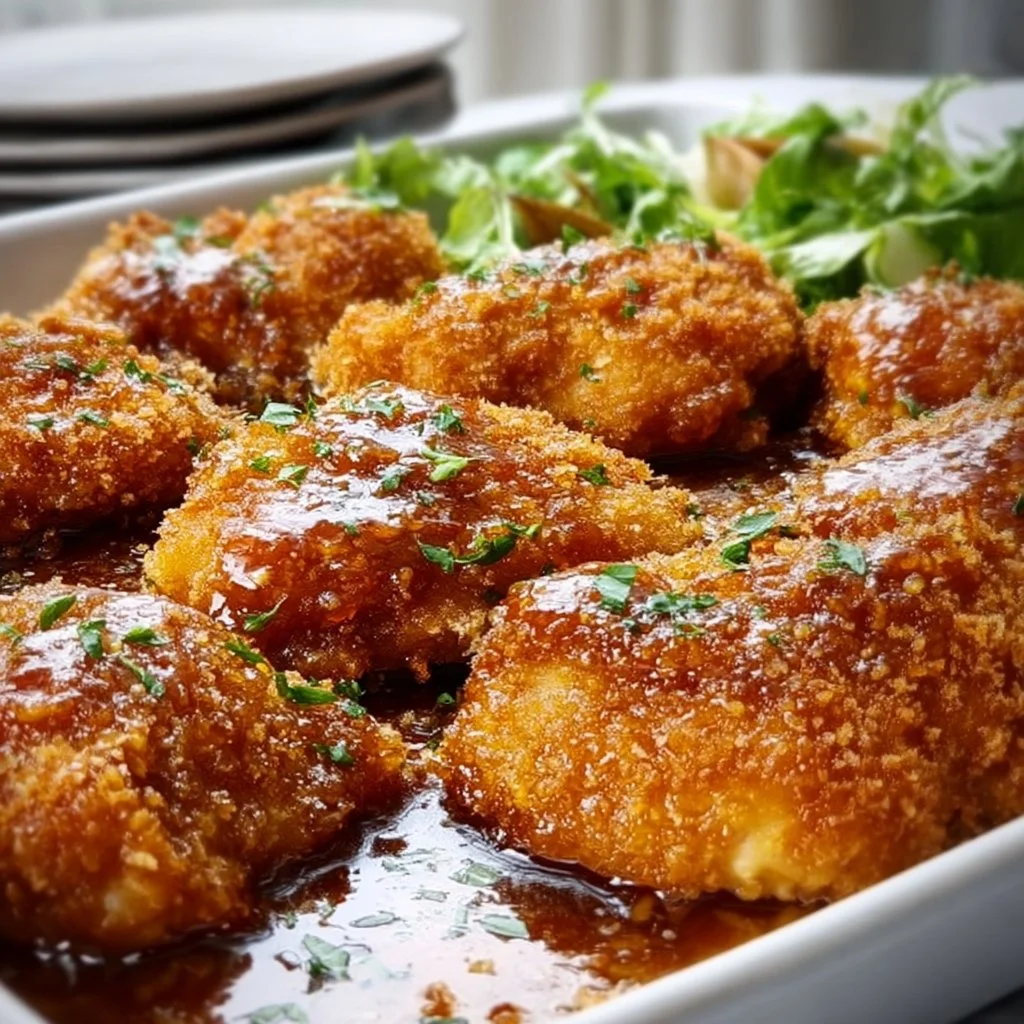 Baked Crunchy Hot Honey Chicken served on a plate with a side of vegetables.