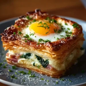 Baked Eggs Napoleon served on a plate, garnished for an elegant brunch