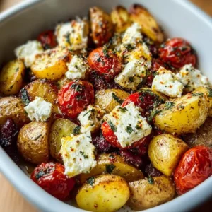 Baked Feta Potatoes served in a rustic dish, showcasing creamy Mediterranean flavors.
