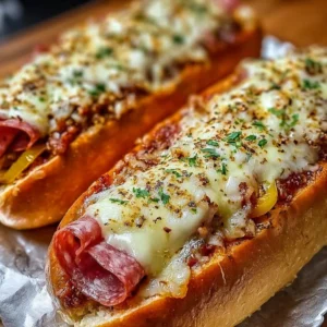 Delicious baked Italian sub sandwich loaded with savory ingredients.