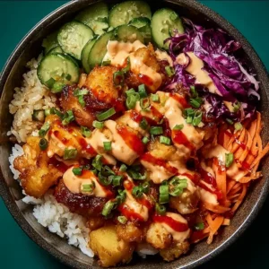 Delicious Bang Bang Chicken Bowl with vibrant ingredients and spicy sauce.