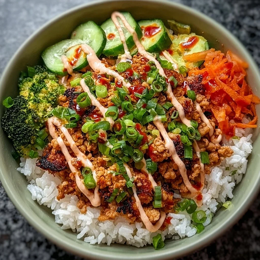 Bang Bang Turkey Rice Bowl with spicy sauce and fresh vegetables