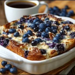 Blueberry Cottage Cheese Breakfast Bake in a baking dish, topped with fresh blueberries and yogurt.