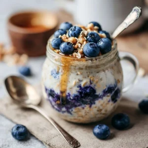 Delicious blueberry overnight oats jar with fresh blueberries and oats