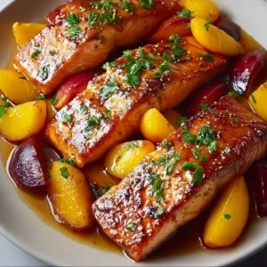 Bourbon Peach Roasted Salmon plated with fresh peaches and herbs