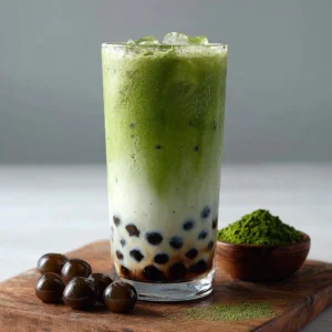 Delicious Brown Sugar Matcha Boba drink with tapioca pearls