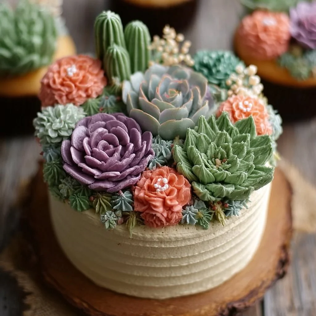 Buttercream cupcakes decorated as succulent gardens for a beautiful dessert