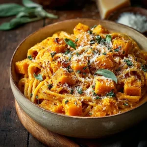 Delicious plate of butternut squash pasta topped with herbs and cheese.