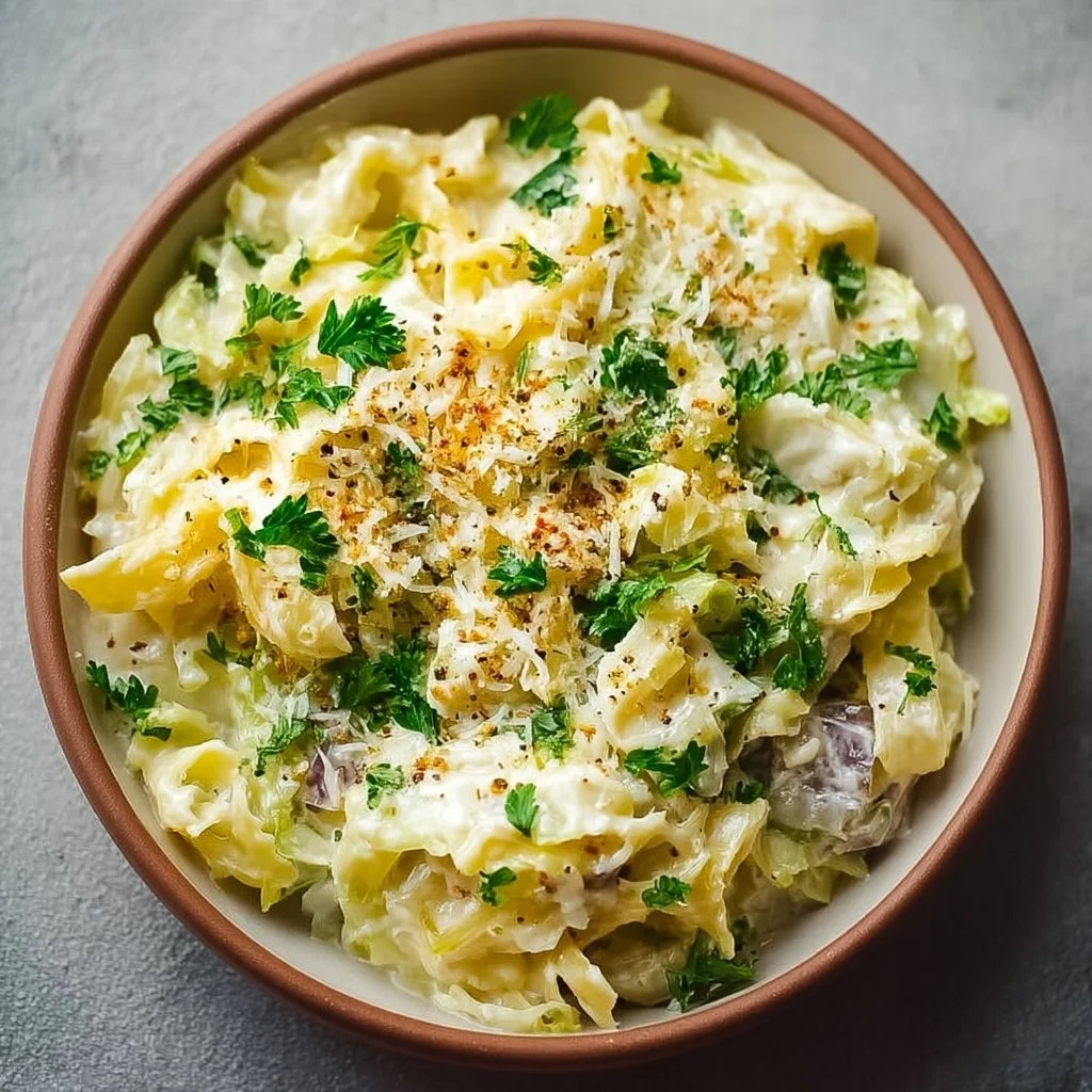 Delicious bowl of Cabbage Alfredo topped with herbs and cheese