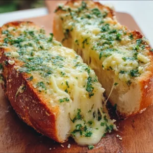 Cheesy garlic bread with parsley butter on a wooden table
