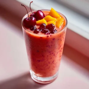 A delicious Cherry Mango Smoothie served in a glass with fresh cherries and mango slices.