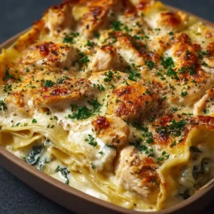 Chicken Alfredo Lasagna layered with creamy sauce and tender chicken