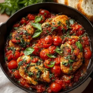 Delicious Chicken Pomodoro Skillet with juicy chicken and fresh tomato sauce