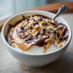 Chocolate Peanut Butter Yogurt with a delicious magic shell topping