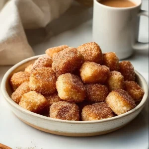 Golden brown Cinnamon Sugar Biscuit Bites arranged on a plate with a sprinkle of sugar.