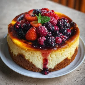 Delicious Citrus Berry Burnt Cheesecake topped with fresh berries and citrus zest.
