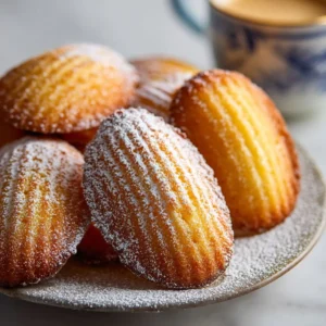 Freshly baked classic French Madeleines on a plate