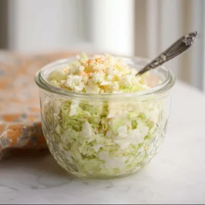 Delicious homemade coleslaw dressing in a bowl with fresh vegetables.