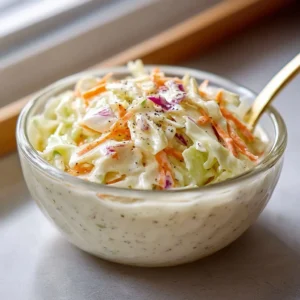 Creamy coleslaw dressing in a bowl with fresh vegetables