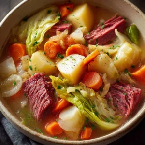 Delicious corned beef and cabbage stew served in a bowl.