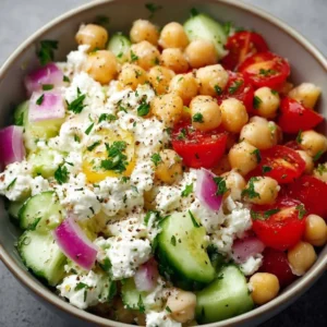 Cottage Cheese and Chickpea Salad with fresh vegetables