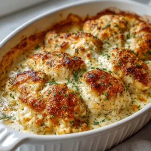 Creamy Cottage Cheese Chicken Bake in a baking dish, garnished with herbs.