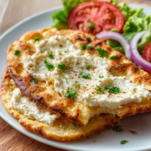 Cottage Cheese Flatbread topped with fresh herbs and vegetables