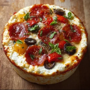 Cottage Cheese Pizza Bowl topped with fresh ingredients and herbs