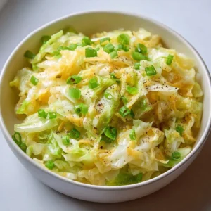 Creamy cabbage and cheddar side dish in a serving bowl