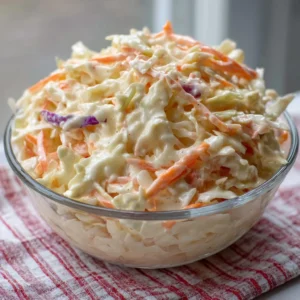 Bowl of creamy coleslaw with fresh vegetables and dressing