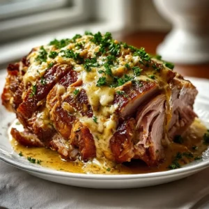 Creamy mustard pulled turkey ham served on a plate