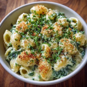 Creamy St. Patrick's green mac and cheese in a bowl with festive decorations