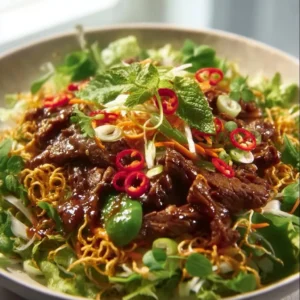 Crispy Chilli Beef Salad with fresh vegetables and vibrant dressing