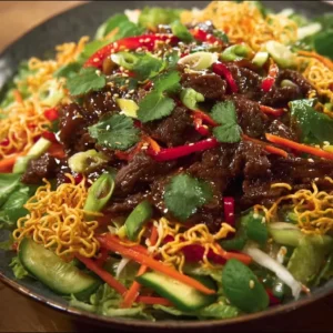 Delicious Crispy Chilli Beef Salad topped with fresh vegetables and herbs.