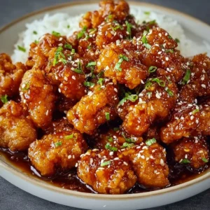 Delicious plate of crispy Chinese honey chicken with vibrant sauce and garnish